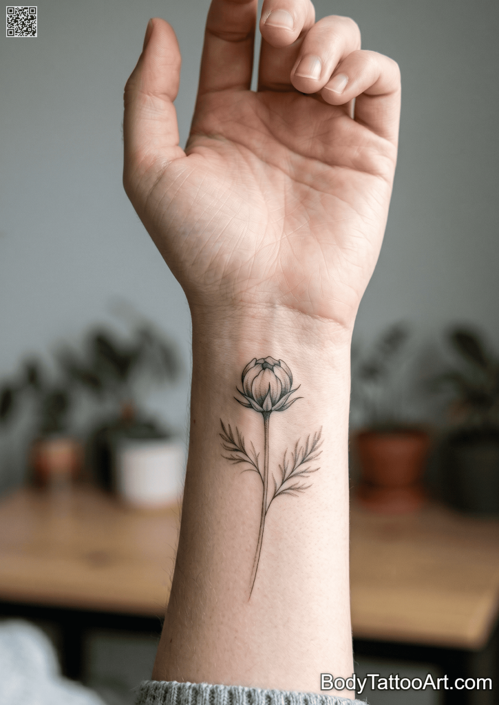  Grey-wash fine line Cosmos Flower Tattoos