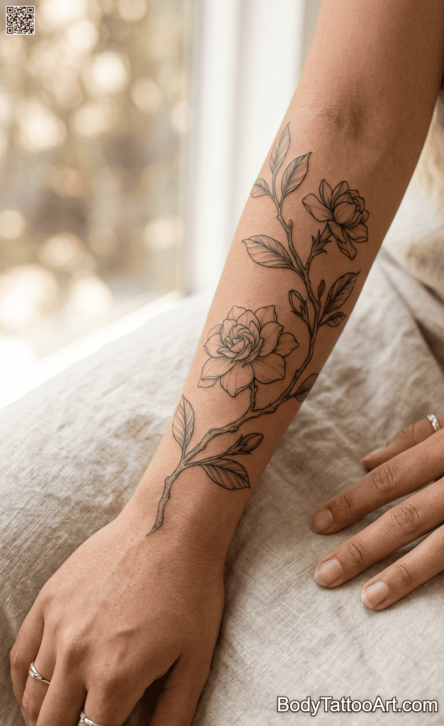 Botanical fine line Gardenia Tattoos