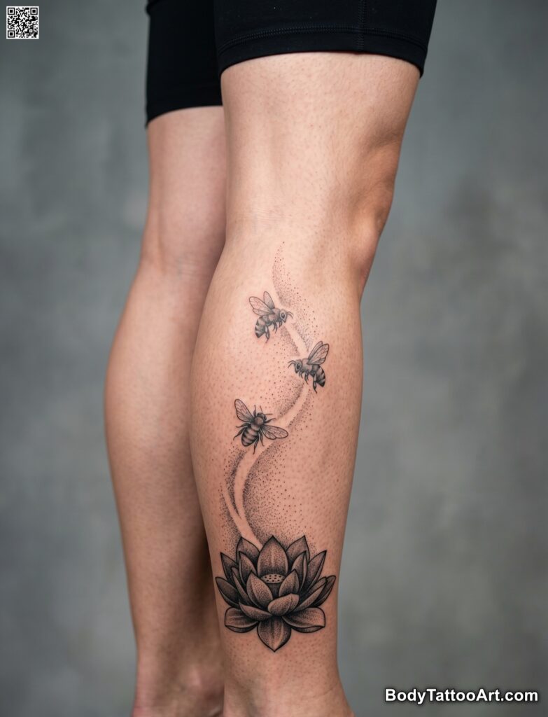  Dotwork Lotus With Swarming Bees