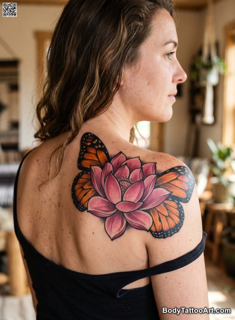 Neo-Traditional Lotus With Bold Monarch Wings