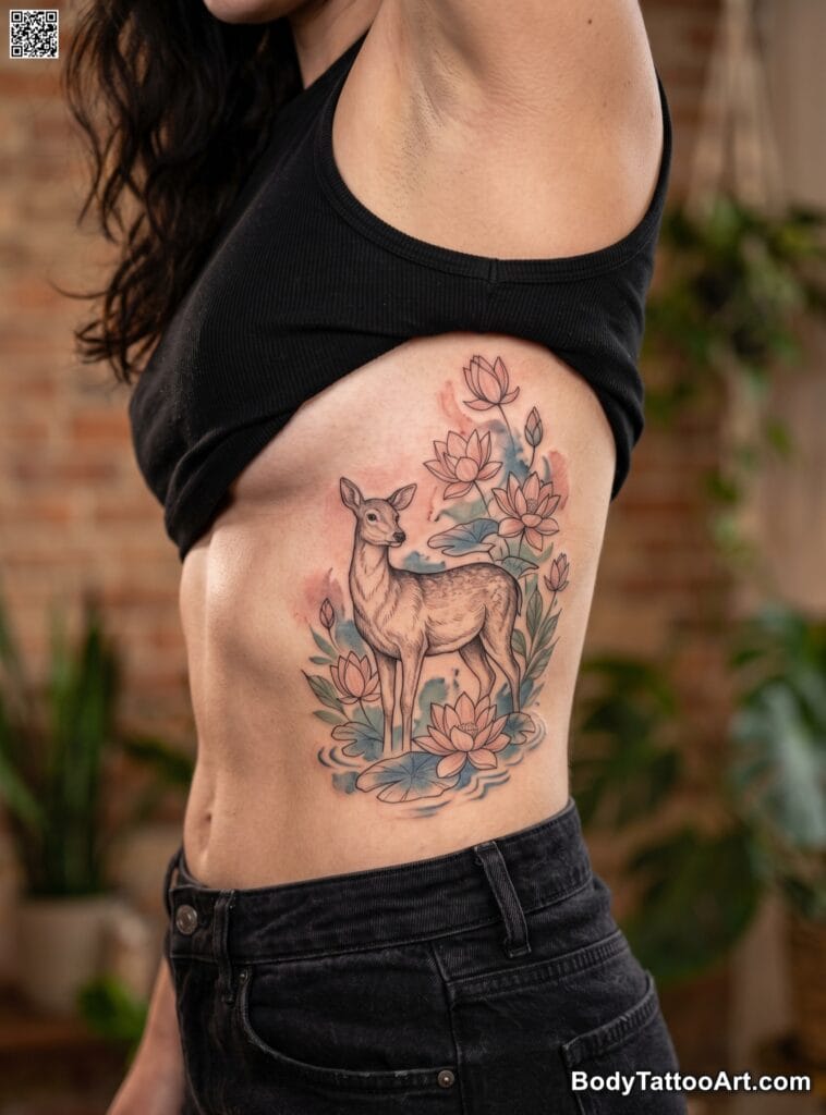  Watercolor Deer and Floating Lotus