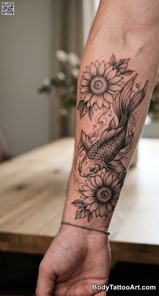 7 Sunflower With Koi Fish Tattoos That Feel Calm and Striking