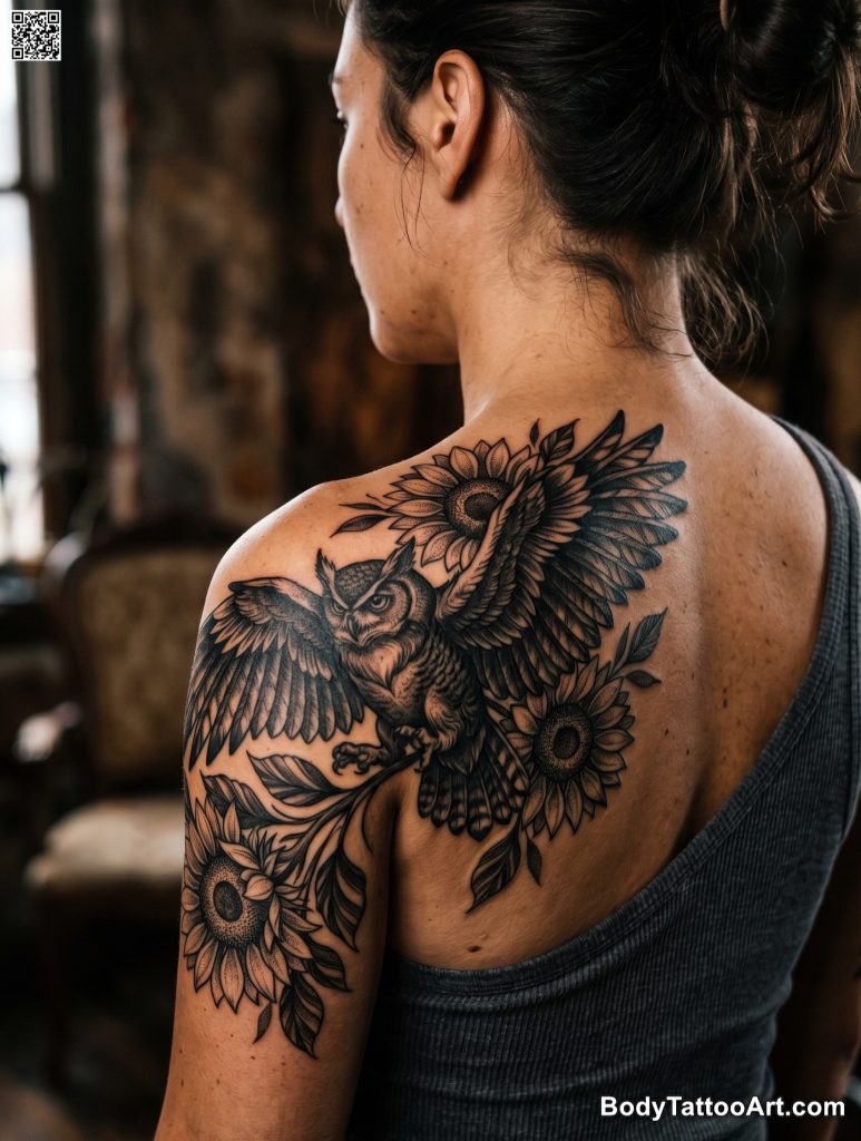  Blackwork Owl With Sunflower Wings