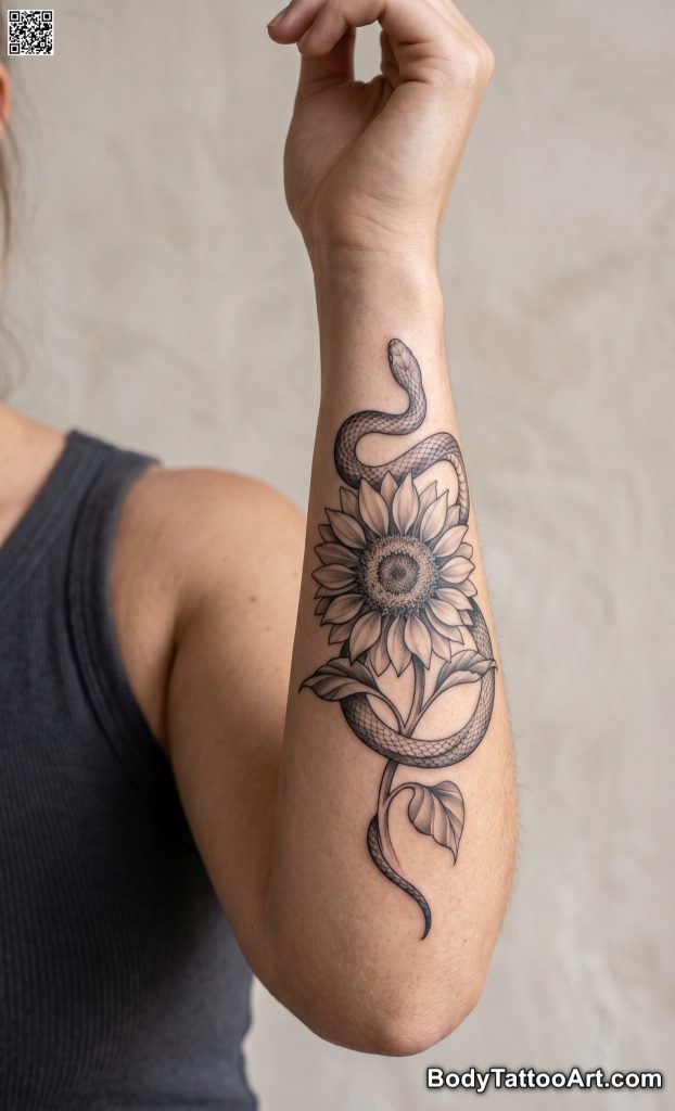 Sunflower With Snake Tattoos That Feel Bold, Elegant, and Wild