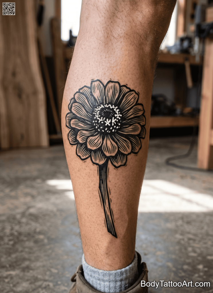 blackwork Zinnia Flower Tattoos