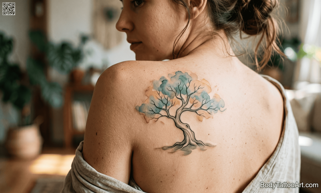 Watercolor with black line Bonsai Tree Tattoos