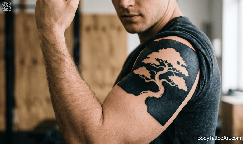 reverse blackwork Bonsai Tree Tattoos