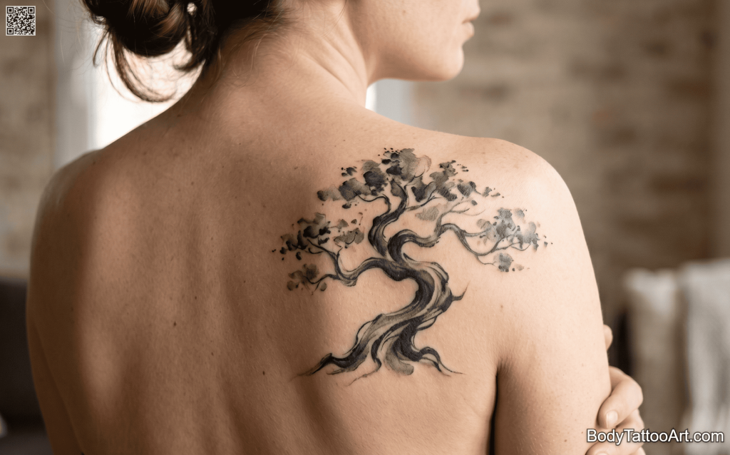 sumi-e inspired Bonsai Tree Tattoos