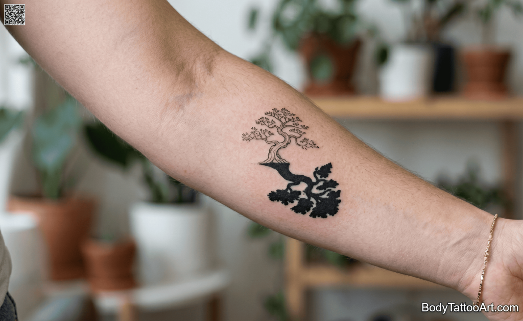 Fine line with graphic shadow Bonsai Tree Tattoos