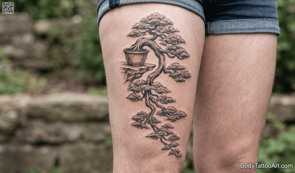 Grey-wash realism Bonsai Tree Tattoos