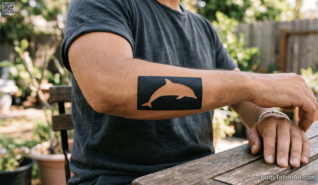 Negative space blackwork Dolphin Tattoos