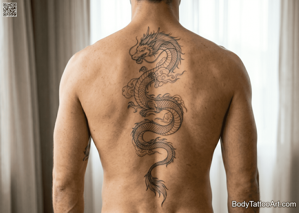 Fine line black Dragon Tattoos