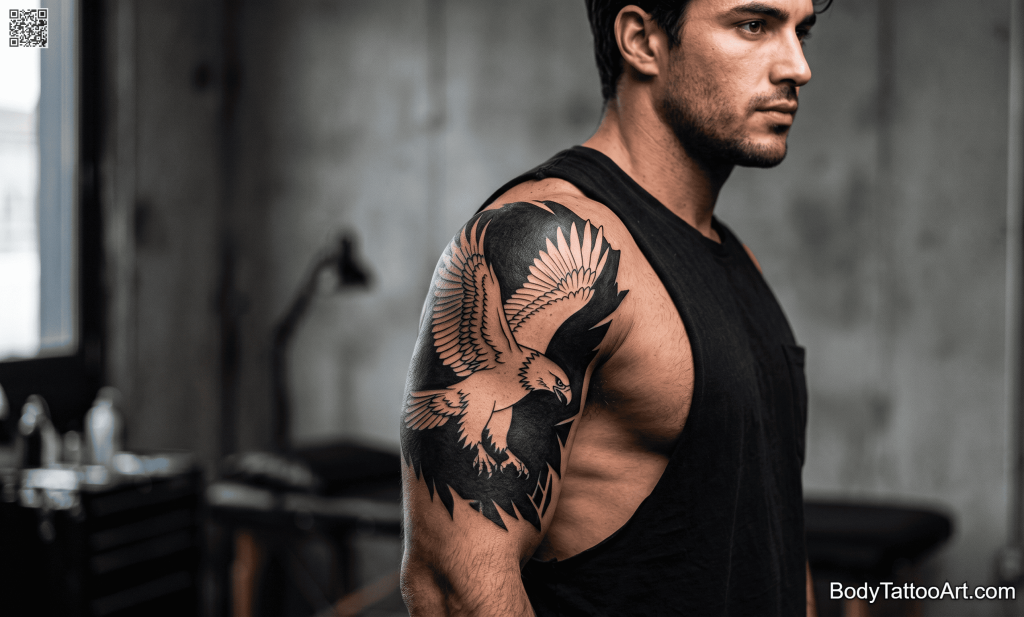 Negative space blackwork Eagle Tattoos