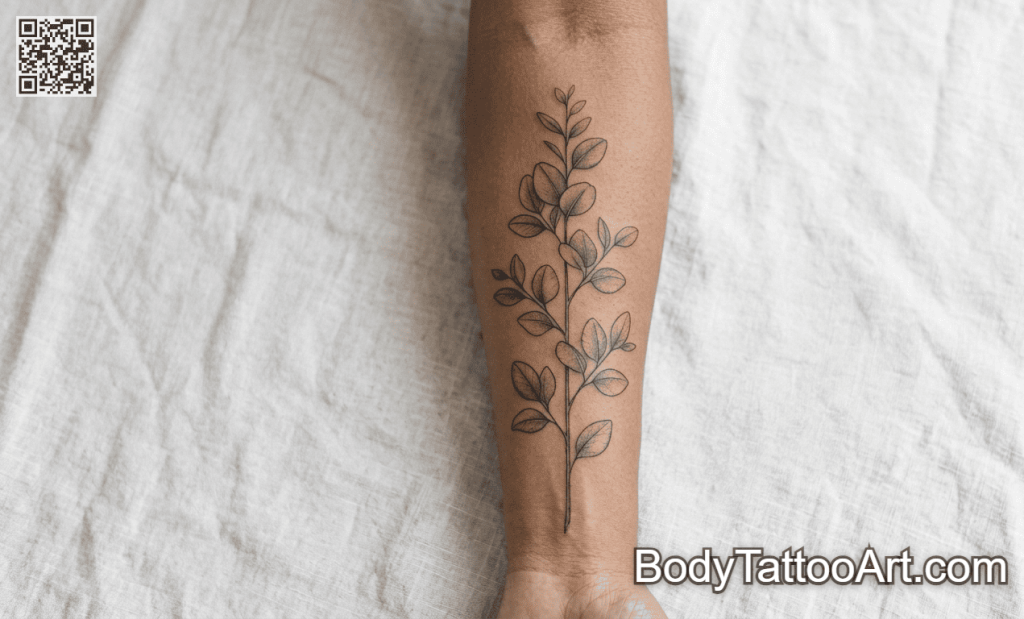 Fine line with soft shading Eucalyptus Leaf Tattoos