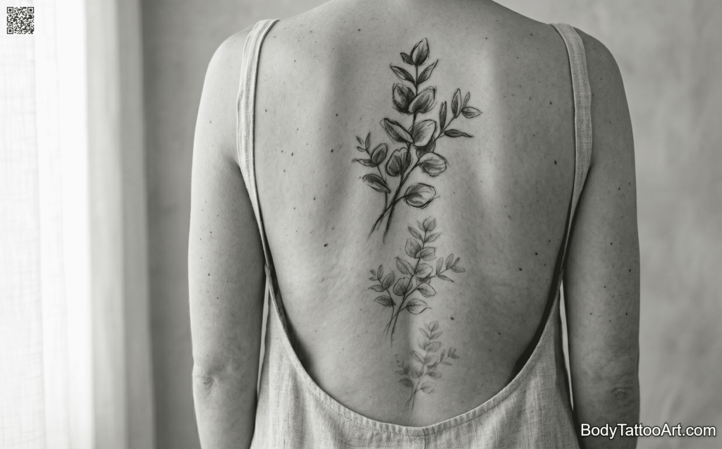  Fine line with tonal variation Eucalyptus Leaf Tattoos