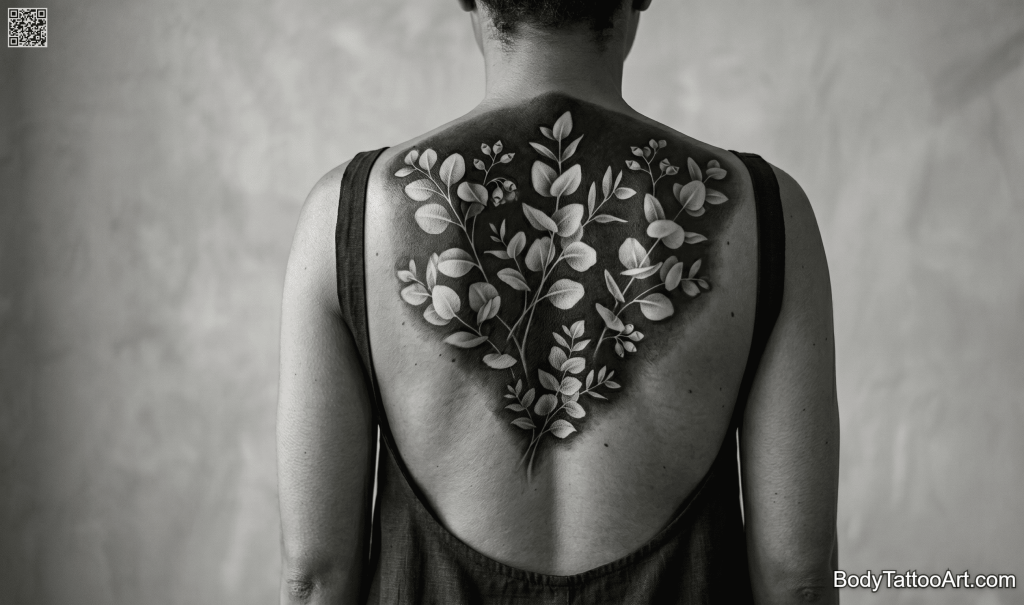  reverse blackwork Eucalyptus Leaf Tattoos