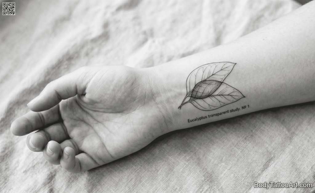 Fine line with transparency illusion Eucalyptus Leaf Tattoos