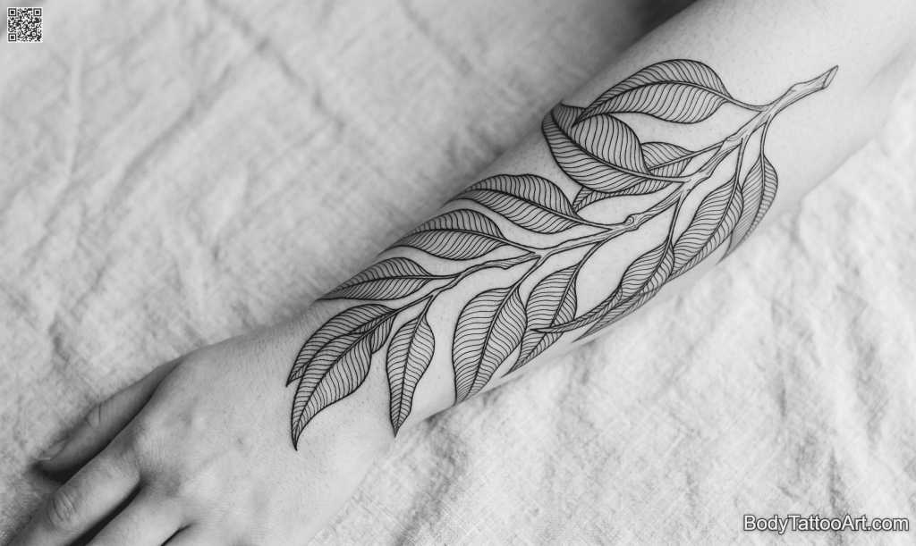 Cross-contour linework Eucalyptus Leaf Tattoos