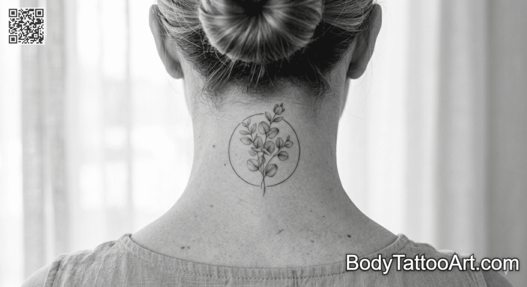 Fine line geometric frame Eucalyptus Leaf Tattoos