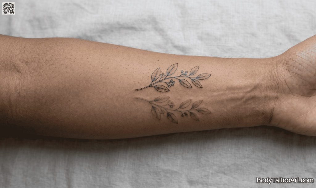 : Fine line with tonal reflection Eucalyptus Leaf Tattoos