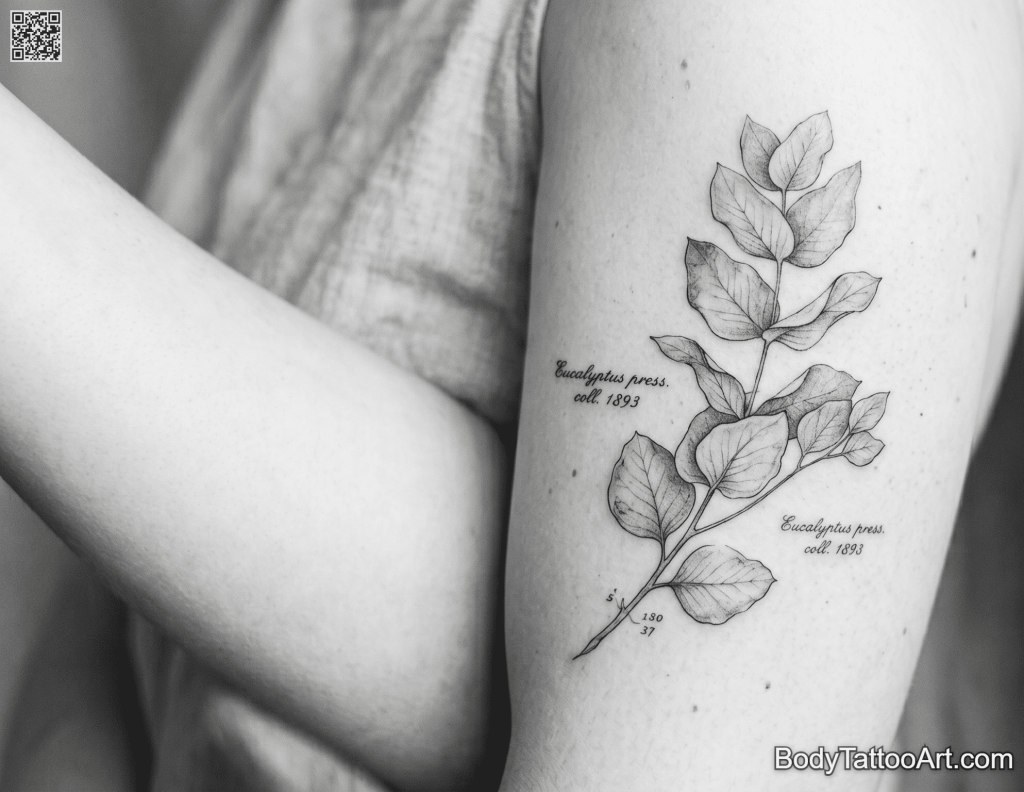 Grey-wash realism Eucalyptus Leaf Tattoos