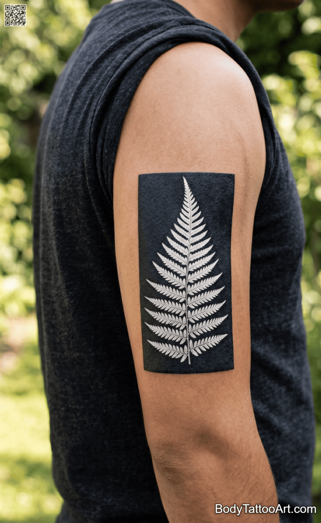 White ink on blackwork panel Fern Leaf Tattoos 