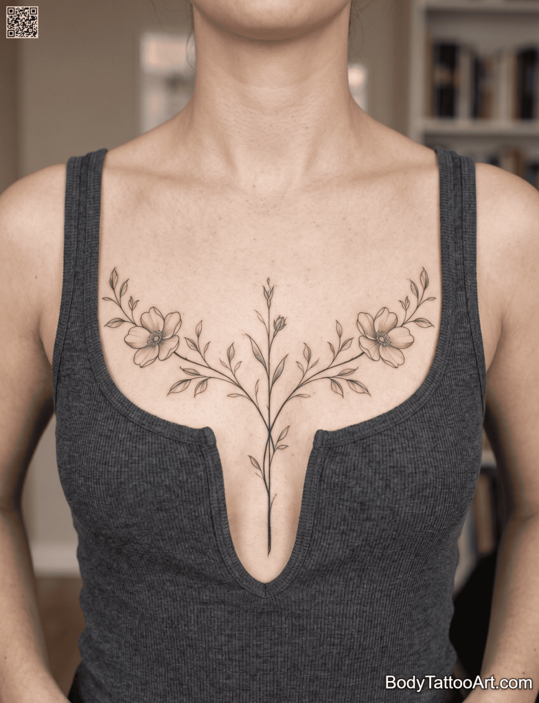 Fine line symmetrical Floral Vine Tattoos