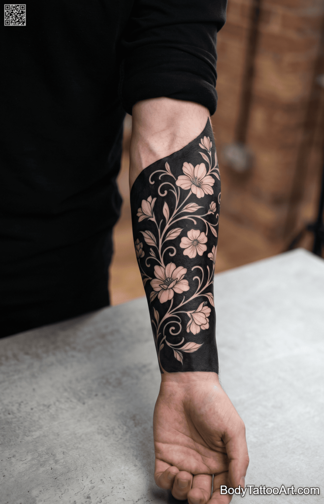 Blackwork negative space Floral Vine Tattoos