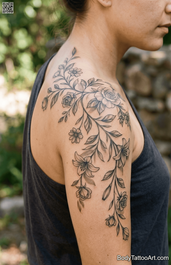 : Grey-wash realism Floral Vine Tattoos