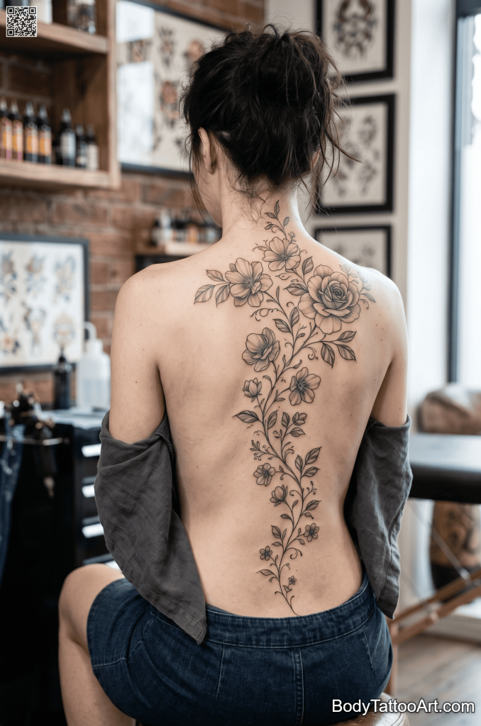 Grey-wash botanical Floral Vine Tattoos