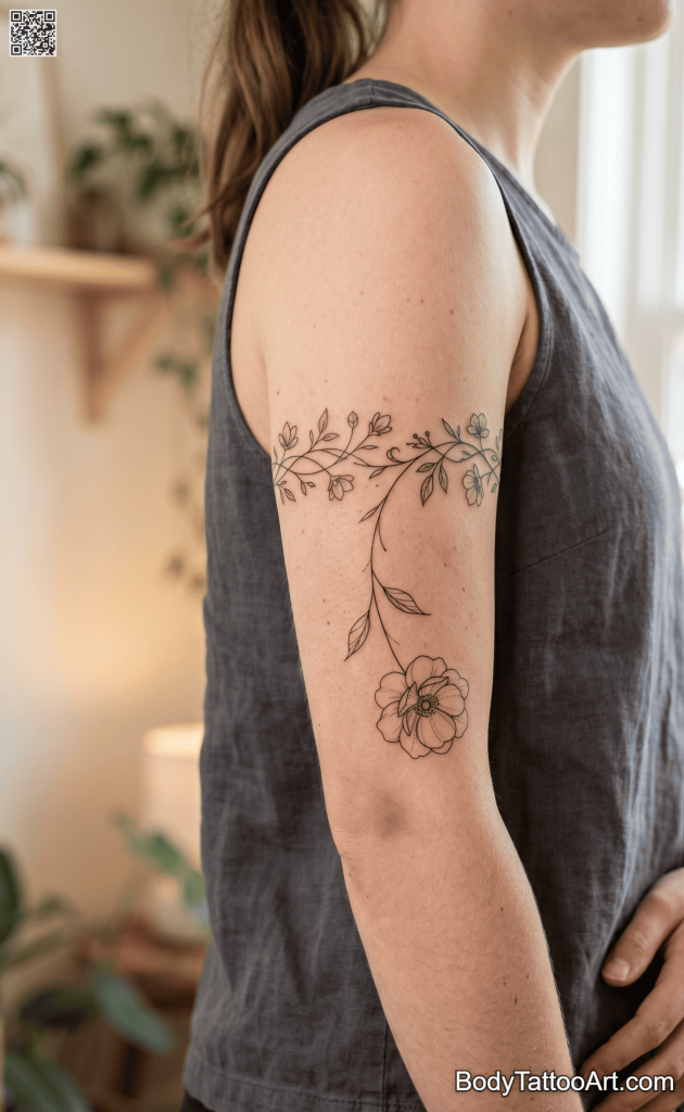  Fine line with contrast detail Floral Vine Tattoos
