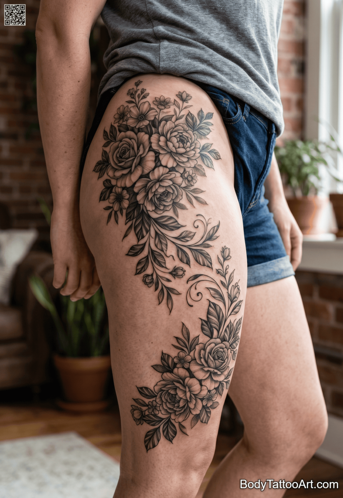 Black and grey realism Floral Vine Tattoos