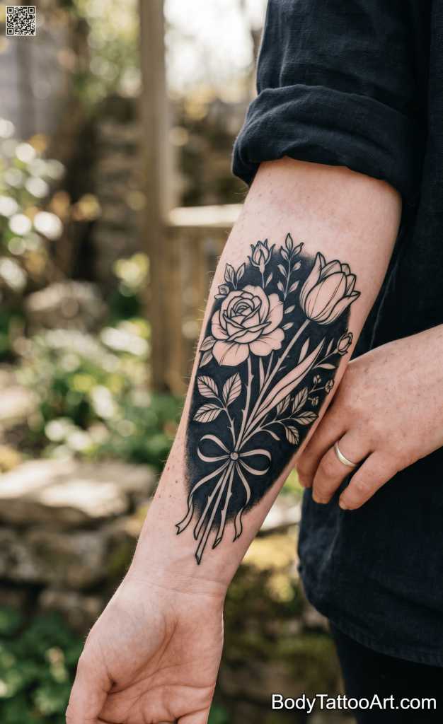  blackwork Flower Bouquet Tattoos