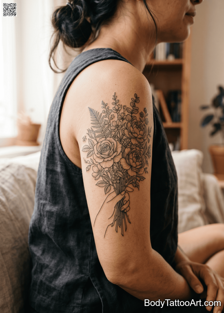 Fine line illustrative Flower Bouquet Tattoos