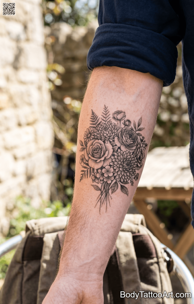  Dotwork Flower Bouquet Tattoos