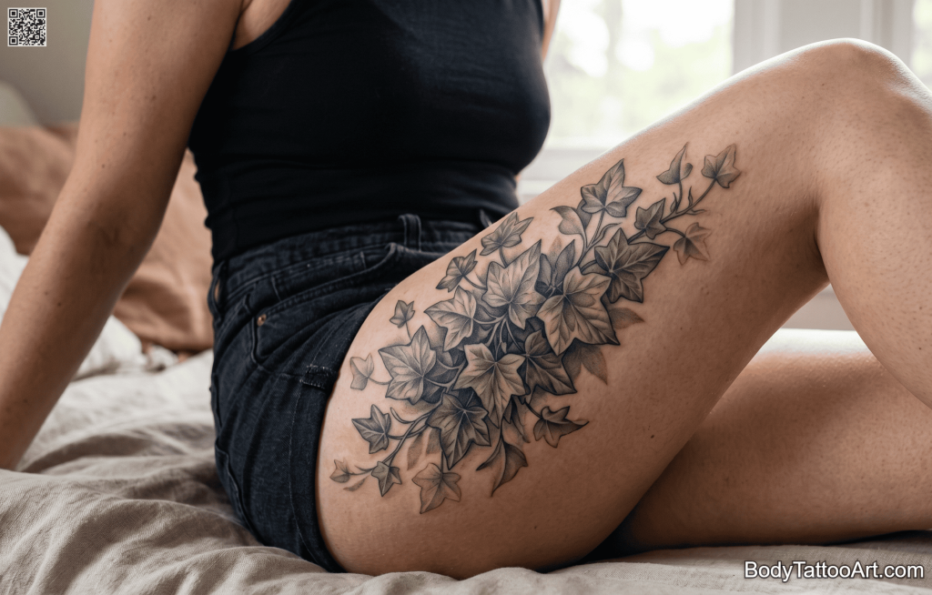 Grey-wash realism Ivy Leaf Tattoos