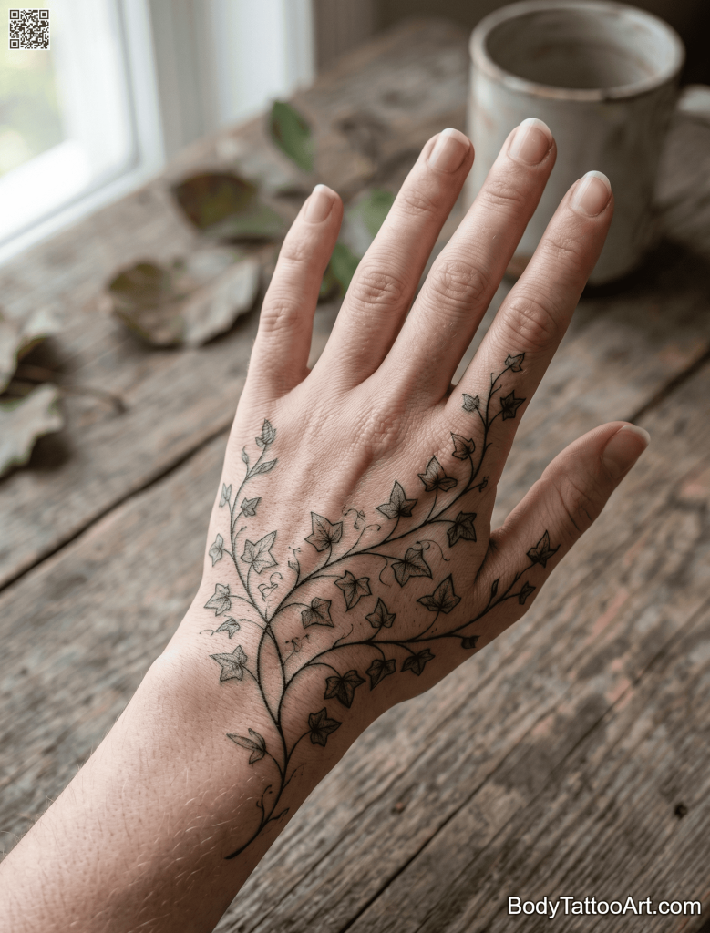 Fine line blackwork Ivy Vine Tattoos