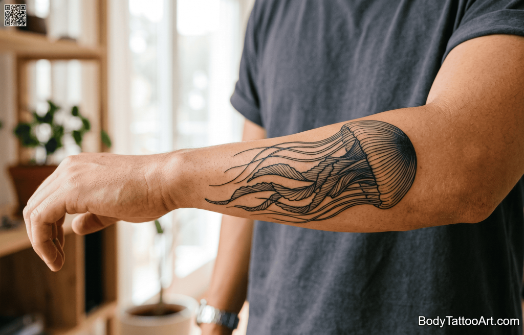 Fine line parallel hatching Jellyfish Tattoos