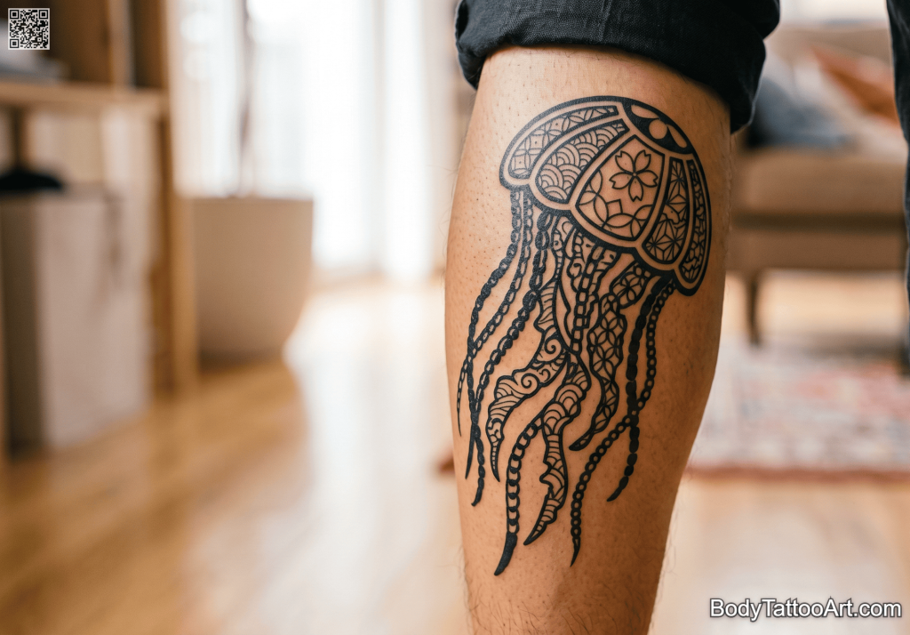  Japanese woodblock-inspired blackwork Jellyfish Tattoos 