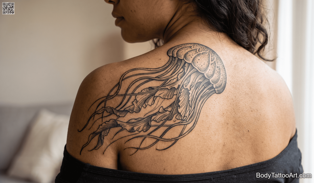  Illustrative / engraving style Jellyfish Tattoos