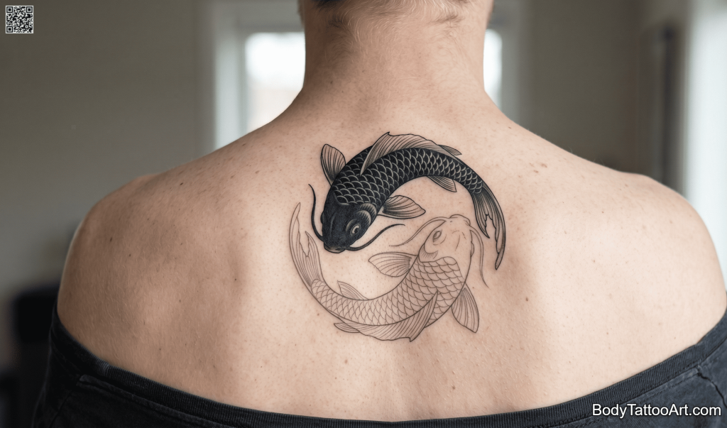  Blackwork and fine line combined  Koi Fish Tattoos