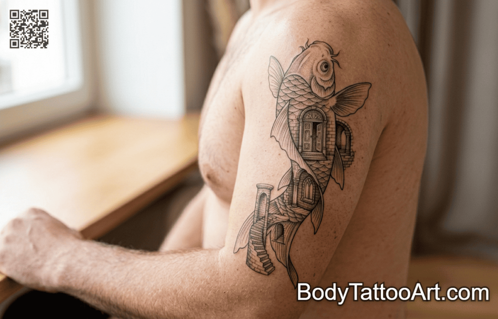  Surrealist fine line  Koi Fish Tattoos
