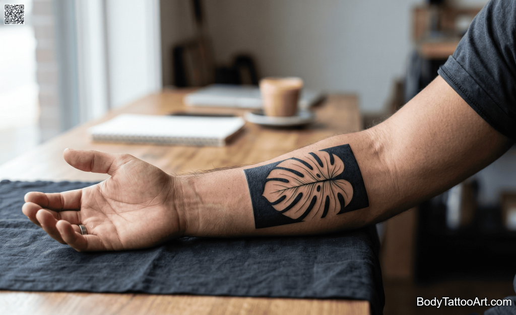 Negative space blackwork Leaf Tattoos