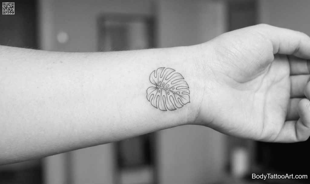 Micro fine line Monstera Leaf Tattoo