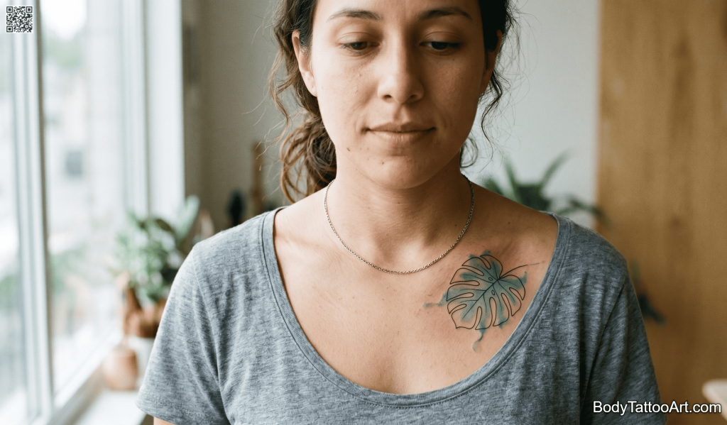 Fine line with watercolor wash Monstera Leaf Tattoo