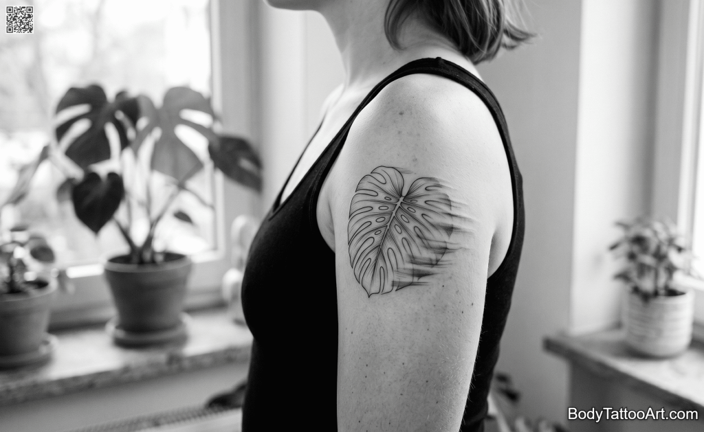 Motion effect fine line Monstera Leaf Tattoo