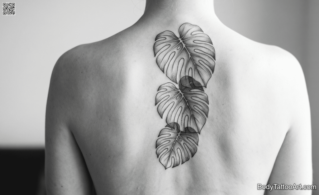 Grey-wash with fine outline Monstera Leaf Tattoo