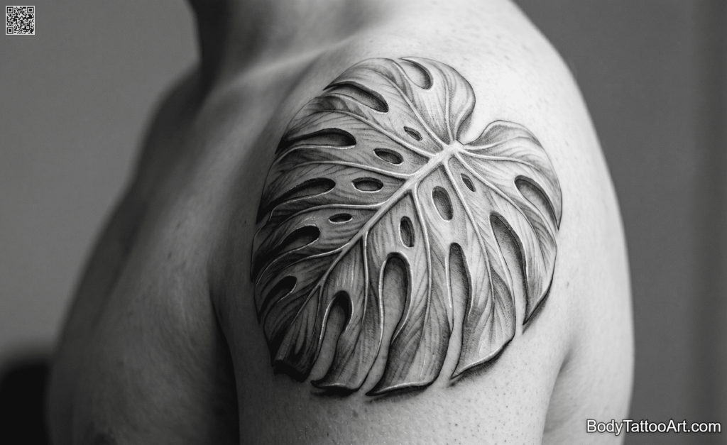 3D sculptural grey-wash Monstera Leaf Tattoo