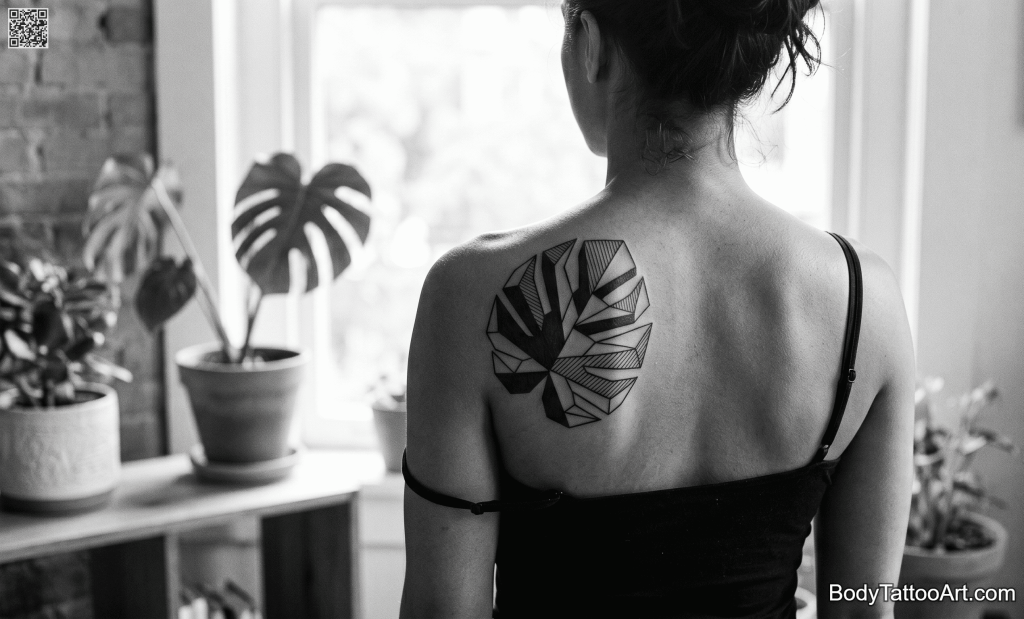 Geometric blackwork Monstera Leaf Tattoo