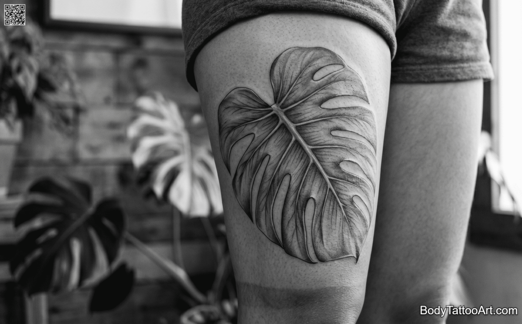 Grey-wash realism Monstera Leaf Tattoo